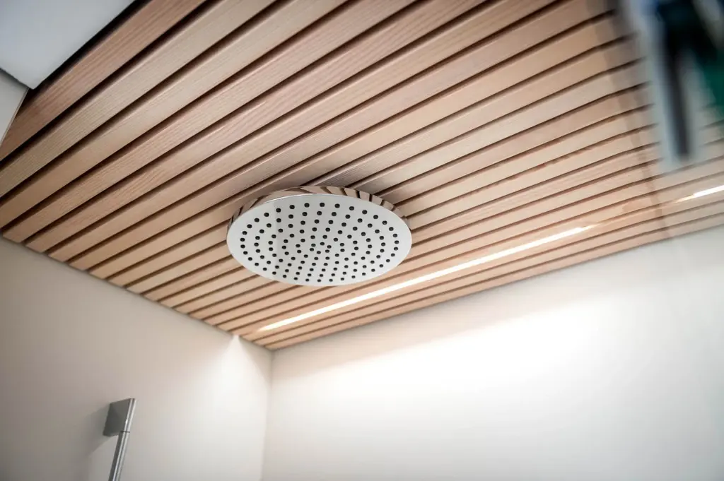 Duschkopf mit Deckenverkleidung aus Holz in Ferienwohnung